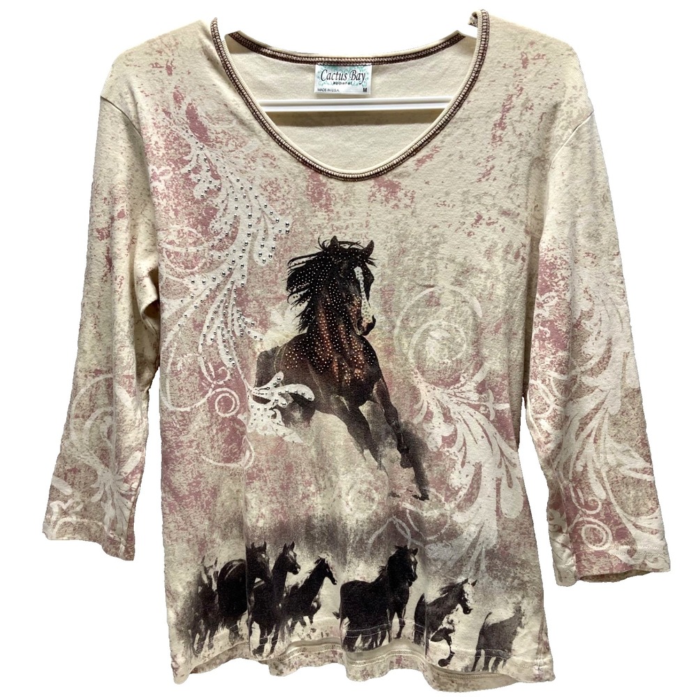 Cactus Bay Shirt Women's Medium Cream Pink Stallion Horse Embelished 3/4 Sleeve